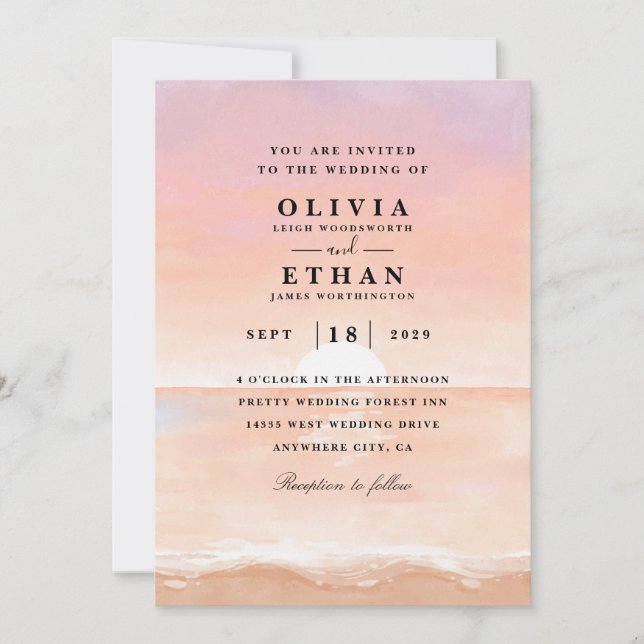 invitaciones de boda de la playa rosa ocaso (Anverso)