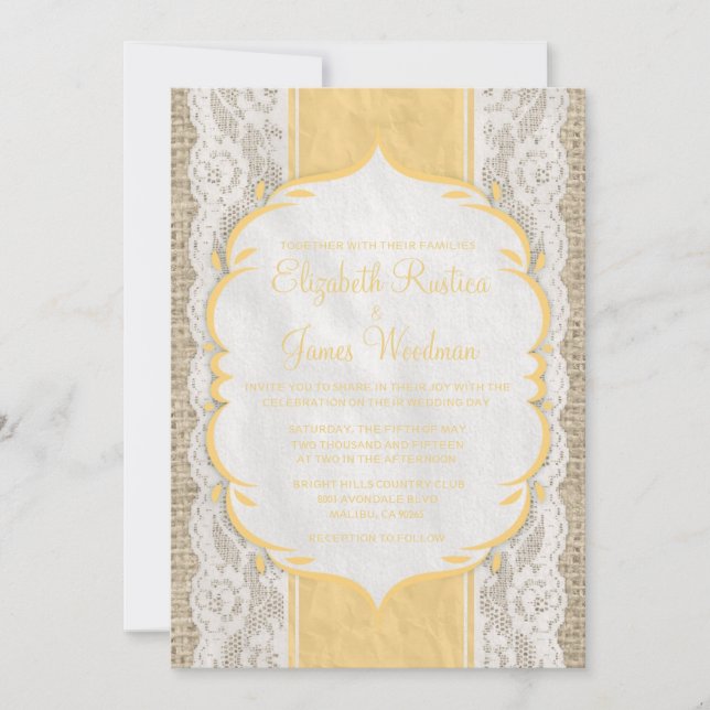 Invitaciones de Boda de Lino Dorado de Lino Burlap (Anverso)