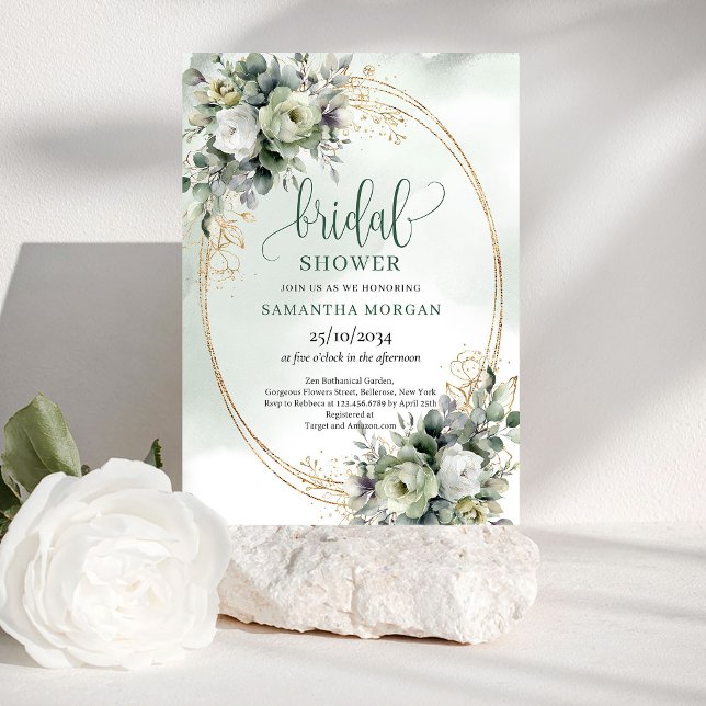 Invitaciones de boda de lujo Floral Eucalipto Dora (Luxe Floral Eucalyptus Gold Bridal Shower Invitation)