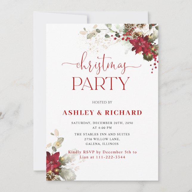 Invitaciones de boda de Navidad con flores rojas (Anverso)