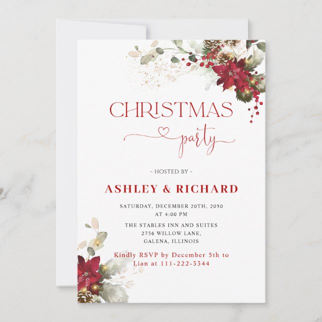 Invitaciones de boda de Navidad con flores rojas (Anverso)