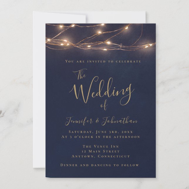 Invitaciones de boda de Navy Gold String Lights (Anverso)