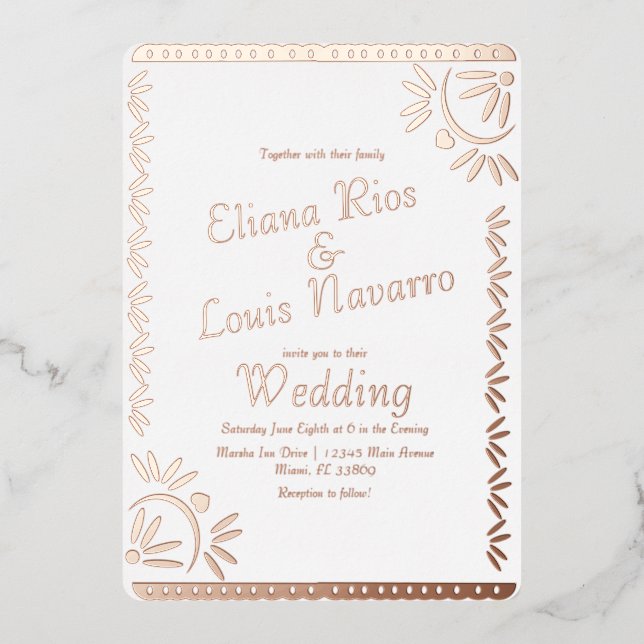 Invitaciones de boda de oro con papel picado mexic (Anverso)