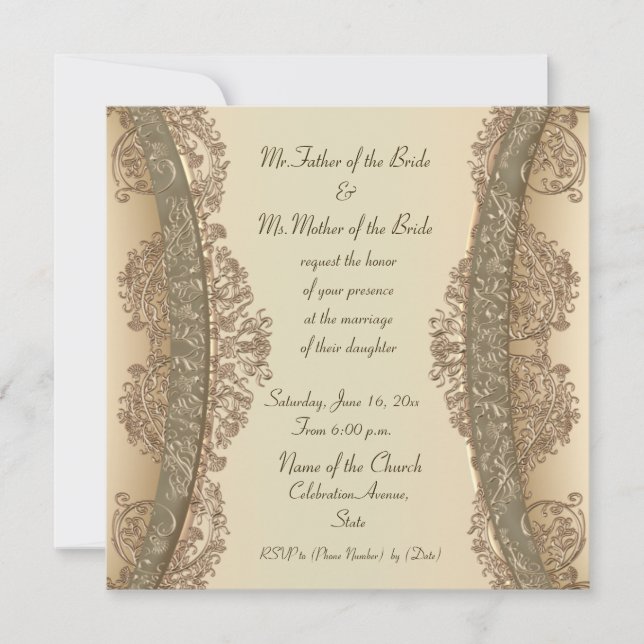 Invitaciones de boda de oro fino y damasco beige (Anverso)