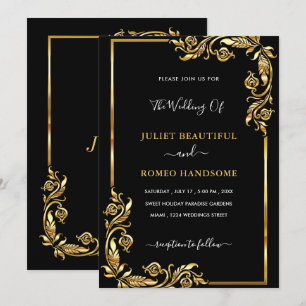 Invitaciones de boda de oro negro con marco de hoj