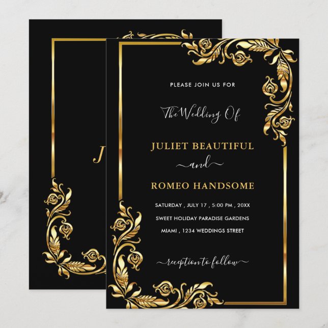 Invitaciones de boda de oro negro con marco de hoj (Anverso / Reverso)