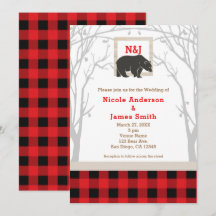 Invitaciones de boda de Oso Rústico y Cuadros Rojo