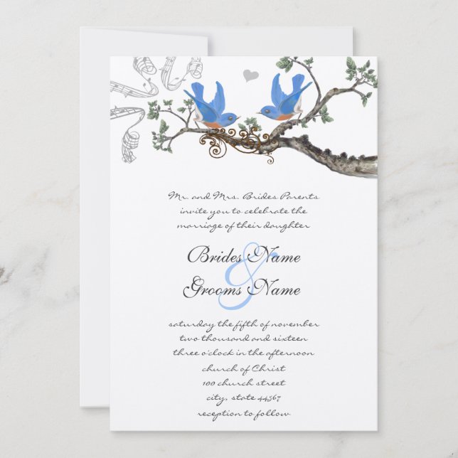 Invitaciones de boda de pájaros azules vintage (Anverso)