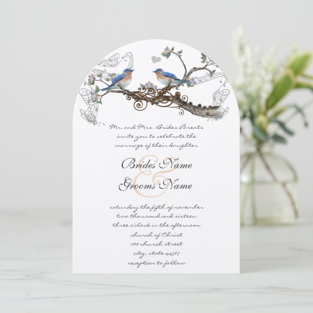 Invitaciones de boda de pájaros azules vintage (Anverso de pie)