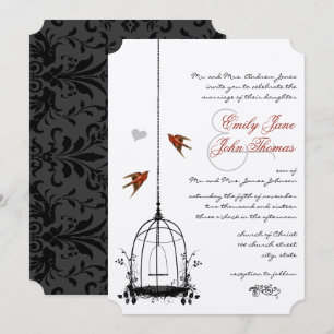 Invitaciones de boda de pájaros de amor rojos jaul