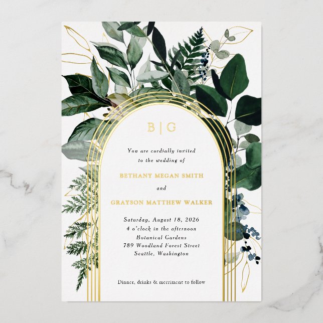 Invitaciones de boda de papel de aluminio botánico (Anverso)
