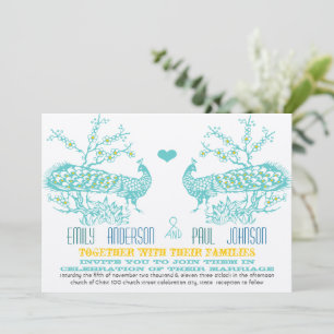 Invitaciones de boda de pavo real amarillo y aqua