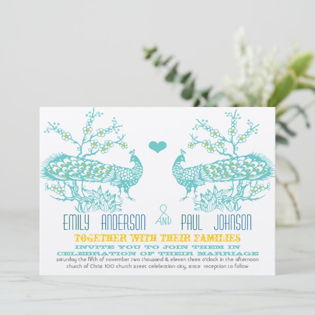 Invitaciones de boda de pavo real amarillo y aqua (Anverso de pie)