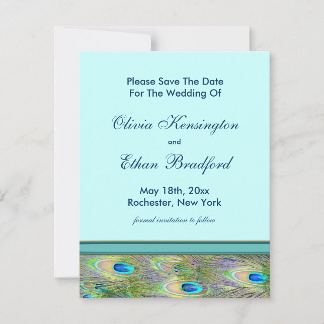 Invitaciones de boda de pavo real azul turquesa (Anverso)