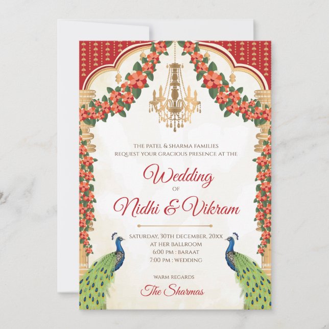 invitaciones de boda de pavo real indio y tarjetas (Anverso)