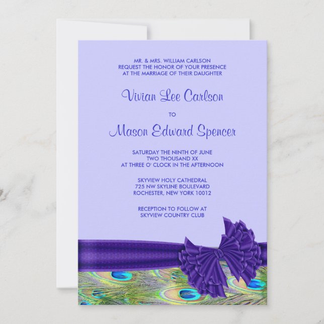 Invitaciones de boda de pavo real púrpura (Anverso)
