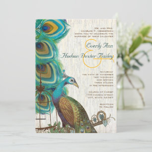 Invitaciones de boda de pavo real rústico con jaul