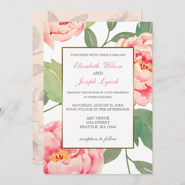Invitaciones de boda de Pink Peony Floral (Anverso / Reverso)