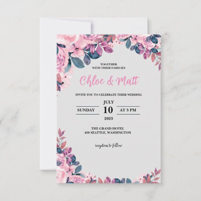 INVITACIONES DE BODA DE PLANTILLA FLORES ELEGANTES (Anverso)