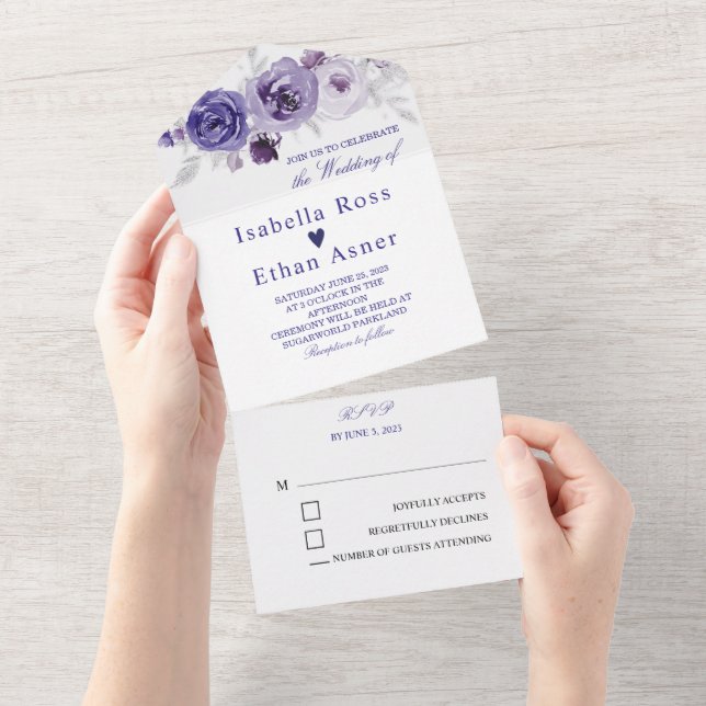 Invitaciones de boda de plata y púrpura (desgarro)