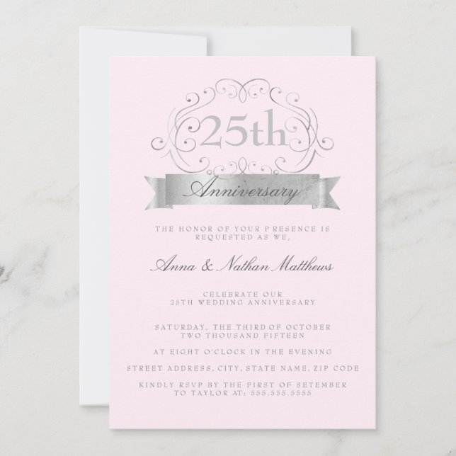 Invitaciones de boda de plata y rosa para bodas de (Anverso)