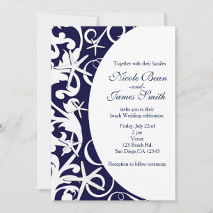 Invitaciones de boda de playa azul oscuro con estr