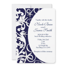 Invitaciones de boda de playa azul oscuro con estr