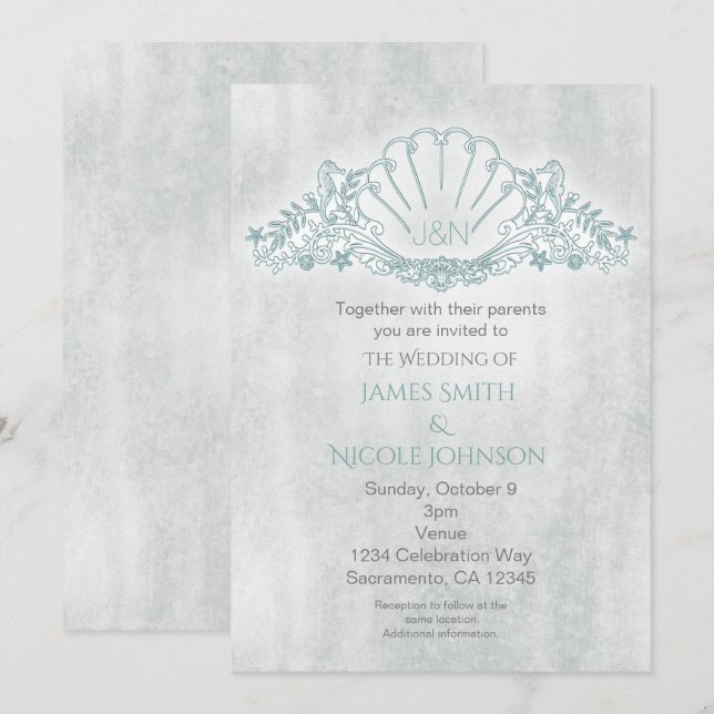 Invitaciones de boda de playa con caballitos de ma (Anverso / Reverso)