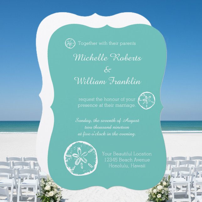 Invitaciones de boda de playa con dólar de arena t (turquoise blue beach wedding invitations with sand dollar design)