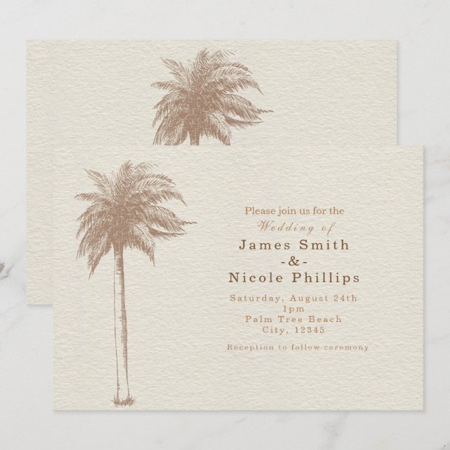 Invitaciones de boda de playa con palmera marrón v (Anverso / Reverso)