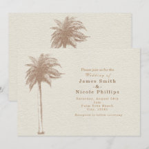 Invitaciones de boda de playa con palmera marrón v