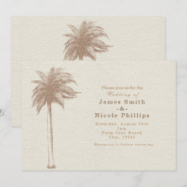Invitaciones de boda de playa con palmera marrón v