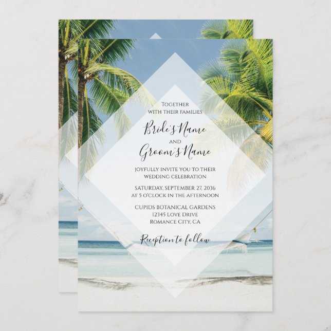 Invitaciones de Boda de Playa con Palmeras Tropica (Anverso / Reverso)