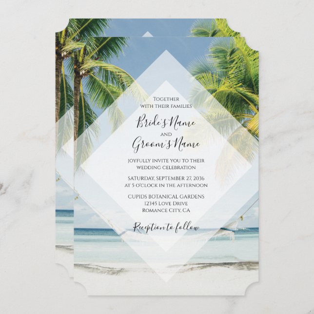 Invitaciones de Boda de Playa con Palmeras Tropica (Anverso / Reverso)