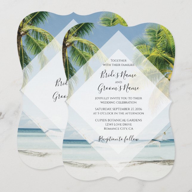 Invitaciones de Boda de Playa con Palmeras Tropica (Anverso / Reverso)