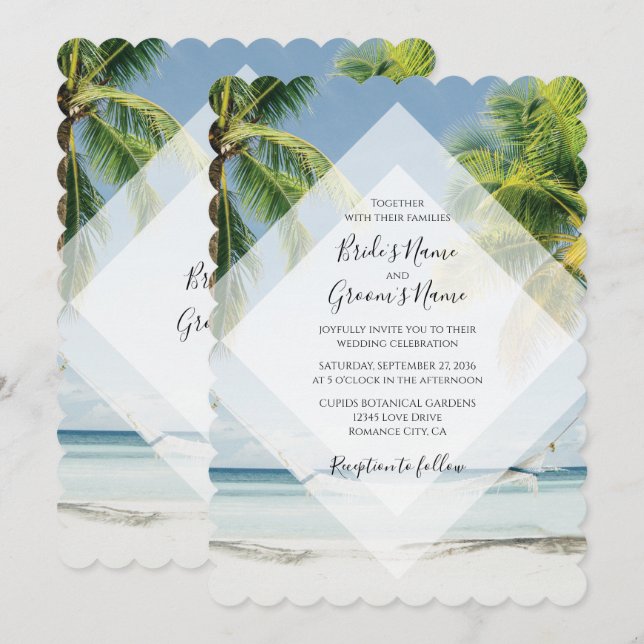 Invitaciones de Boda de Playa con Palmeras Tropica (Anverso / Reverso)