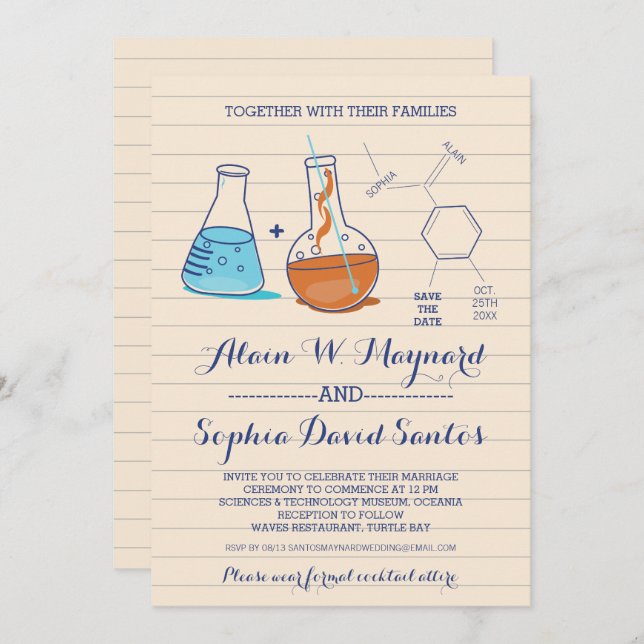 Invitaciones de boda de química azul y naranja (Anverso / Reverso)