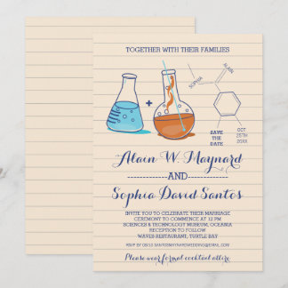 Invitaciones de boda de química azul y naranja