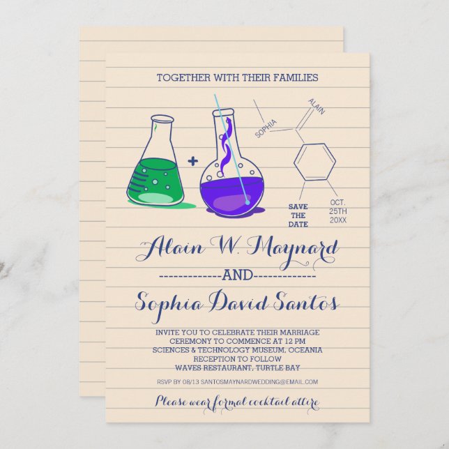 Invitaciones de boda de química púrpura y verde (Anverso / Reverso)