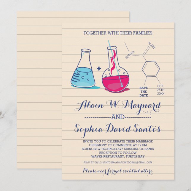 Invitaciones de boda de química rosa y azul (Anverso / Reverso)