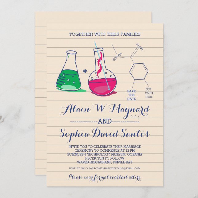 Invitaciones de boda de química rosa y verde (Anverso / Reverso)