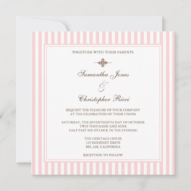 Invitaciones de boda de rayas rosa liso (Anverso)