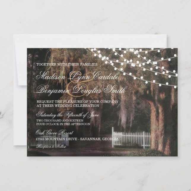 Invitaciones de boda de roble rústico con luces de (Anverso)