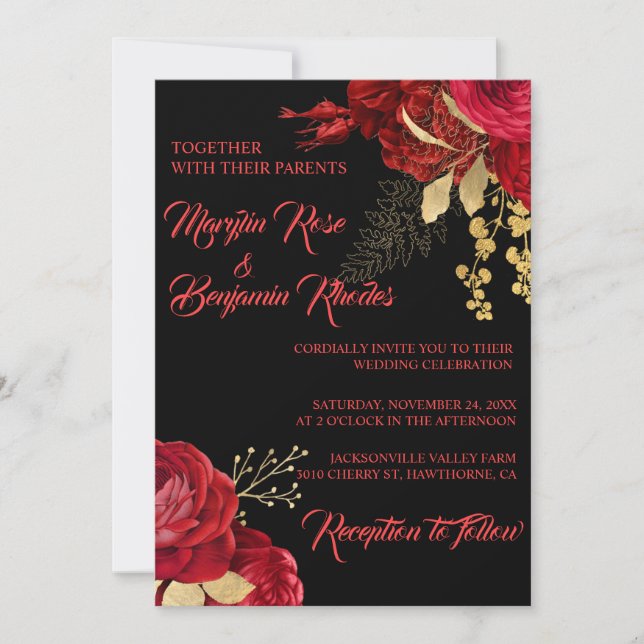 INVITACIONES DE BODA DE ROSAS ELEGANTES EN ROJO Y  (Anverso)