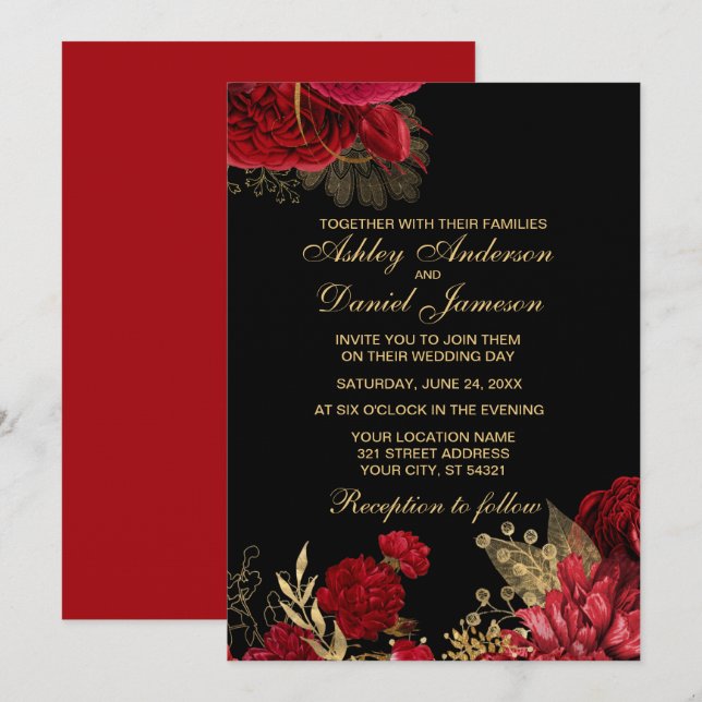 INVITACIONES DE BODA DE ROSAS ELEGANTES EN ROJO Y  (Anverso / Reverso)