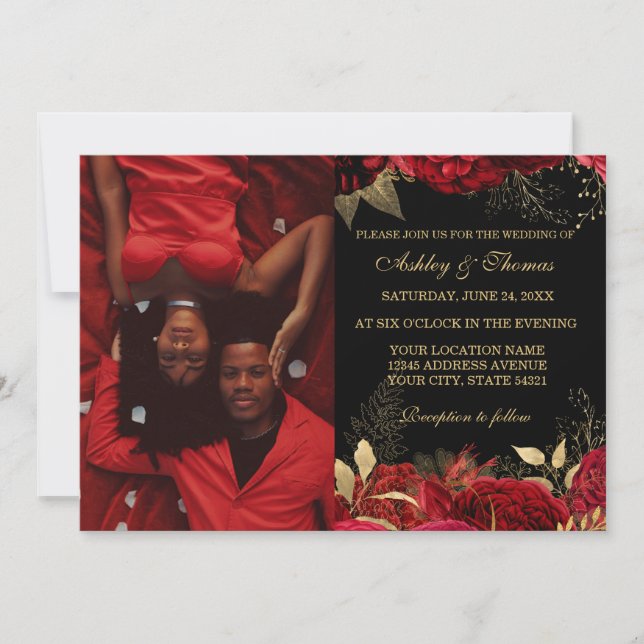 INVITACIONES DE BODA DE ROSAS ELEGANTES EN ROJO Y  (Anverso)
