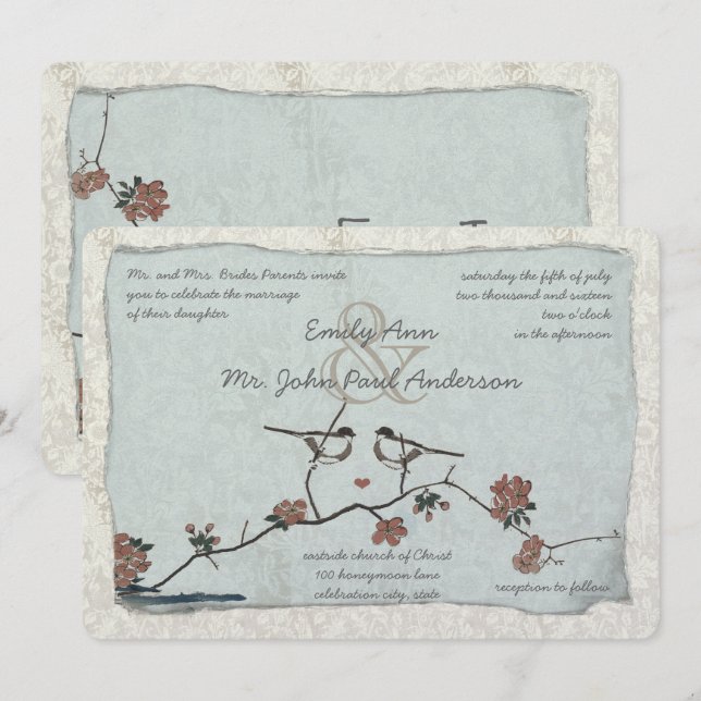 Invitaciones de boda de seda de pájaros vintage (Anverso / Reverso)