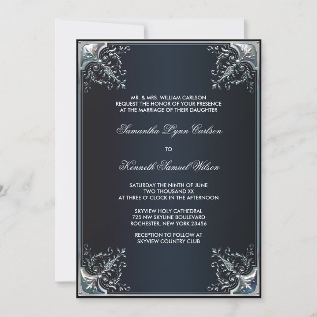 Invitaciones de boda de seda negra corbata negra (Anverso)