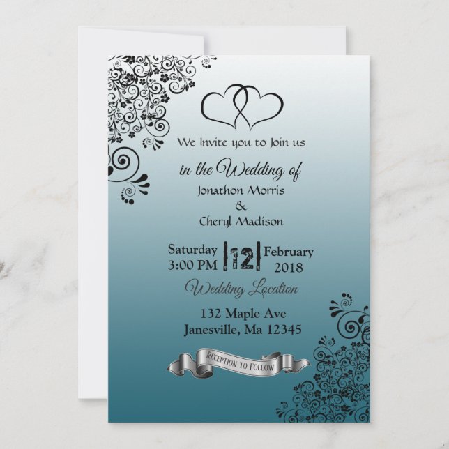 Invitaciones de boda de Slate Blue Simple Hearts (Anverso)