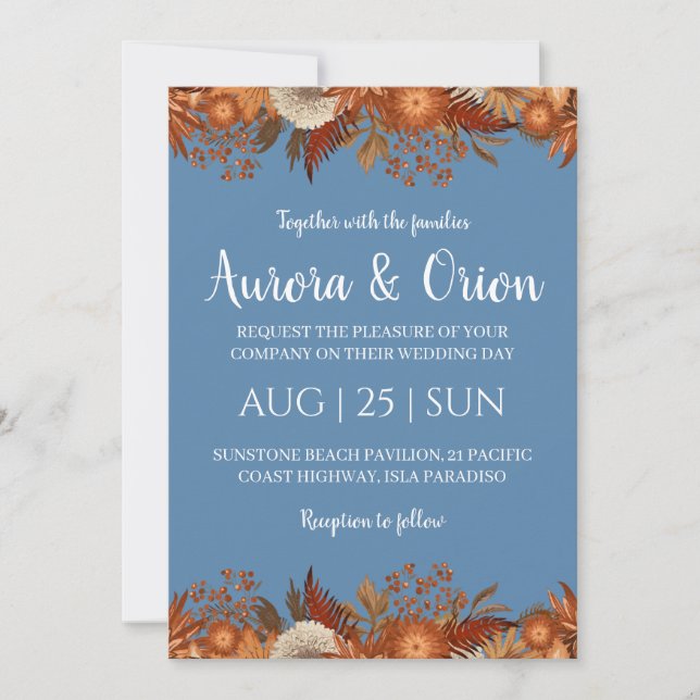 invitaciones de boda de terracota y azul polvorien (Anverso)